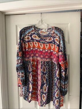 Umgee Navy Paisley Top with Orange & Pink Accents